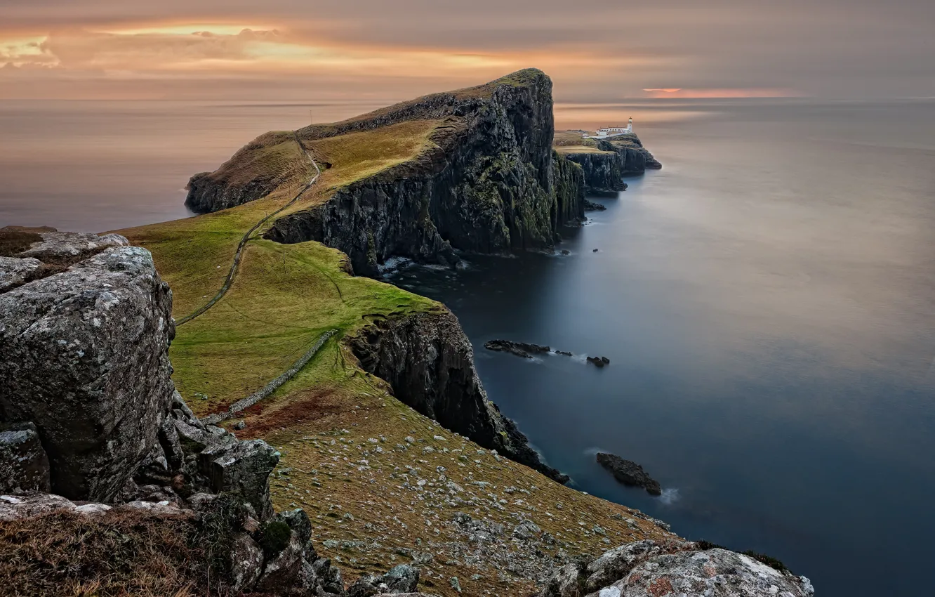 Photo wallpaper water, sunset, stones, the ocean, shore, lighthouse, mountain, slope