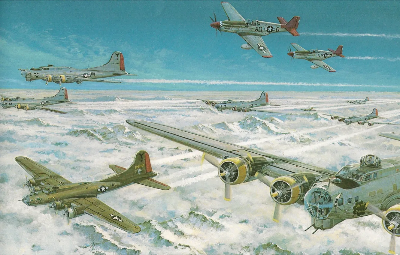 Photo wallpaper Mustang, Boeing, Art, P-51, North American, B-17, Heavy, First