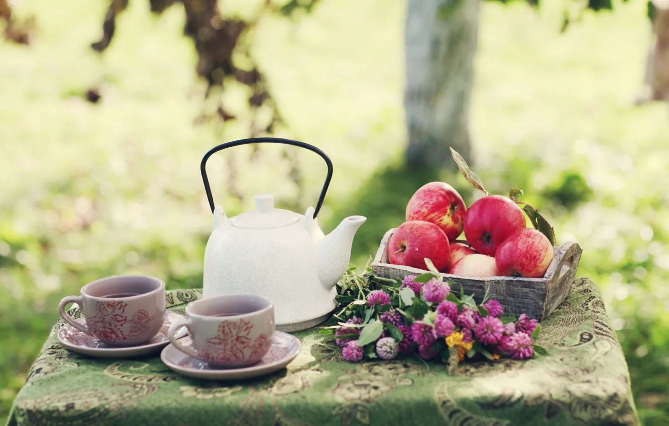 Photo wallpaper tea, apples, kettle