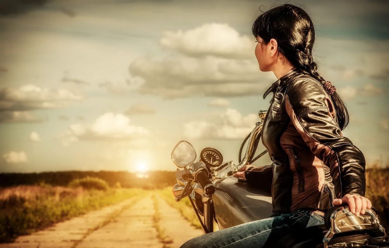 Photo wallpaper road, girl, sunset, motorcycle