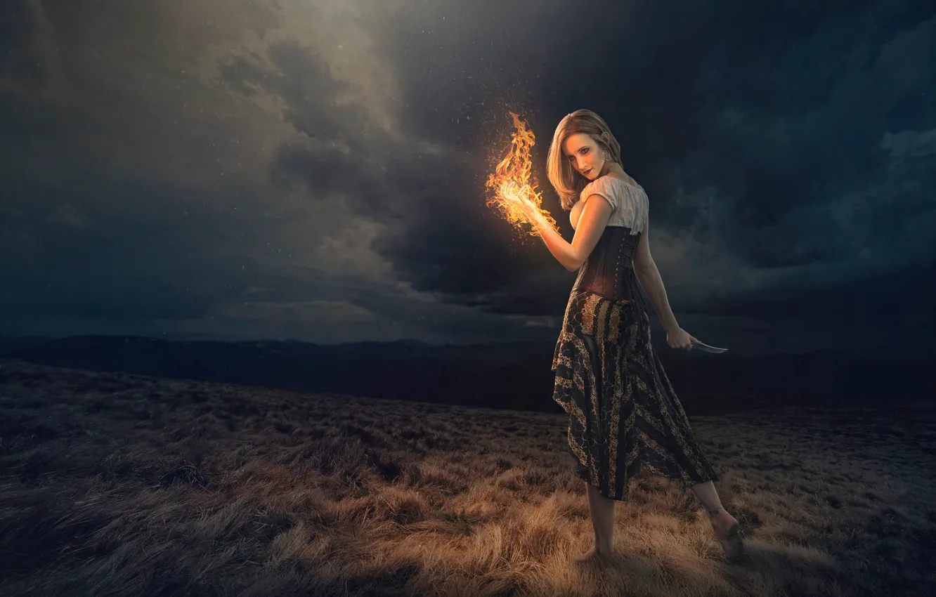 Photo wallpaper girl, fire, magic, knife