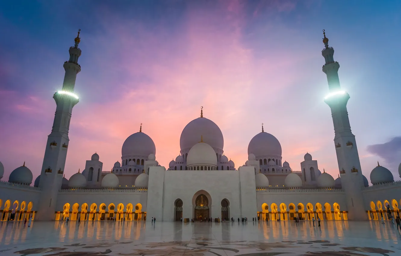 Photo wallpaper the sky, light, area, mosque, Grand mosque, Abu Dhabi, Abu Dhabi, the minaret