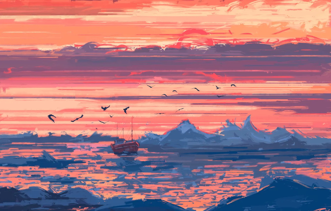 Photo wallpaper ice, sea, the sky, sunset, birds, ship