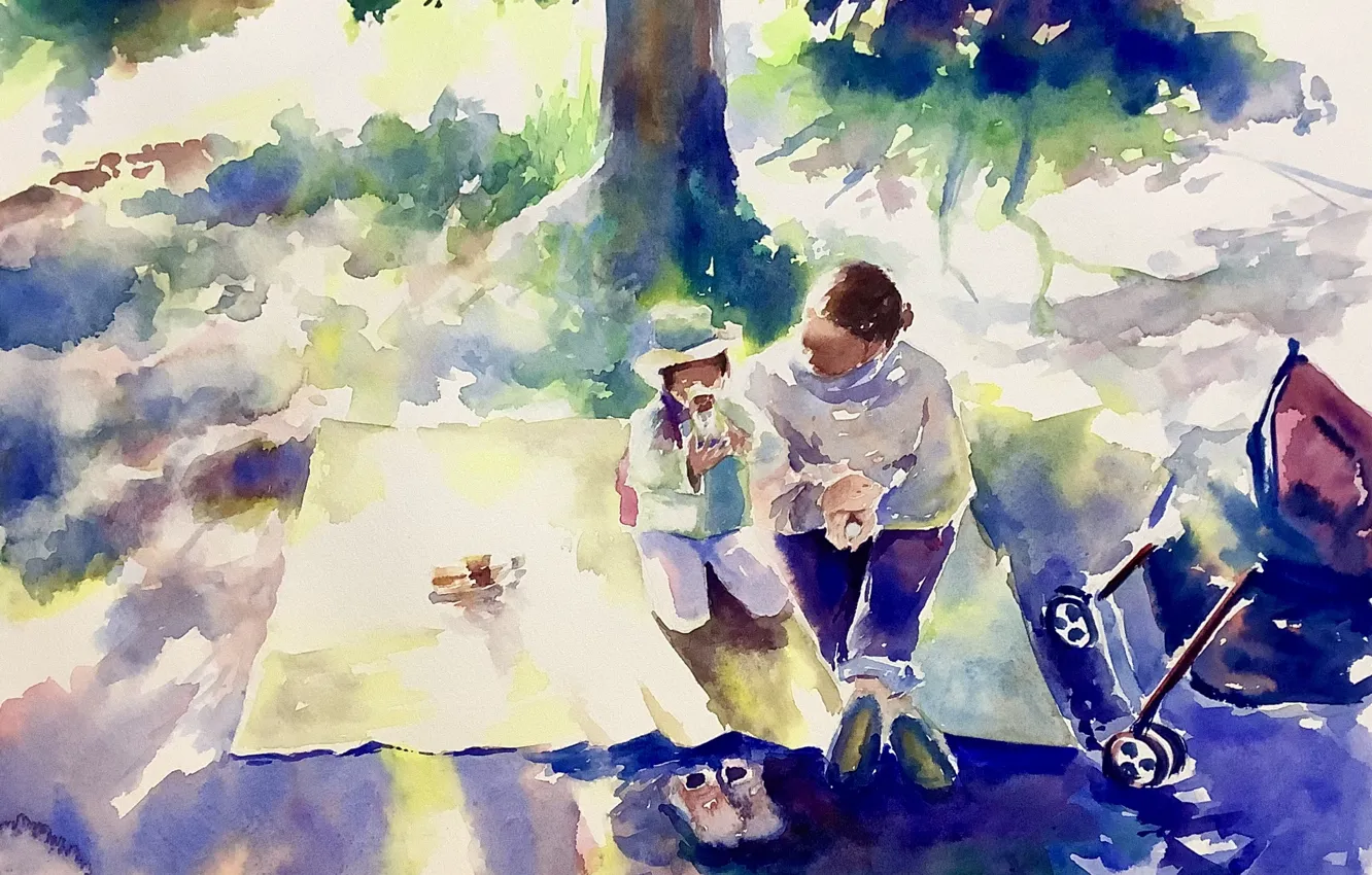 Photo wallpaper nature, children, picnic, mom