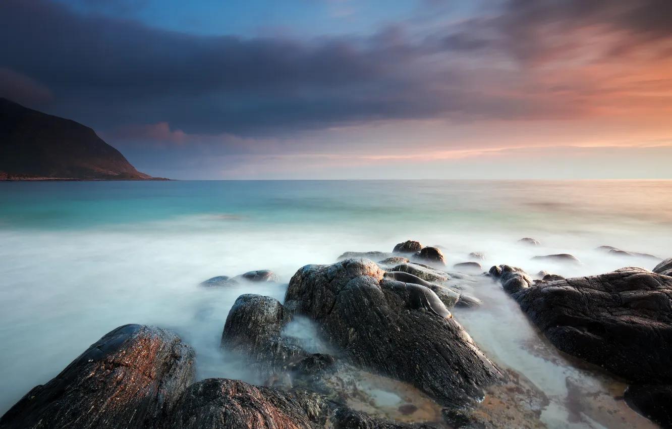 Photo wallpaper sea, the sky, clouds, stones, rocks, shore, morning, horizon