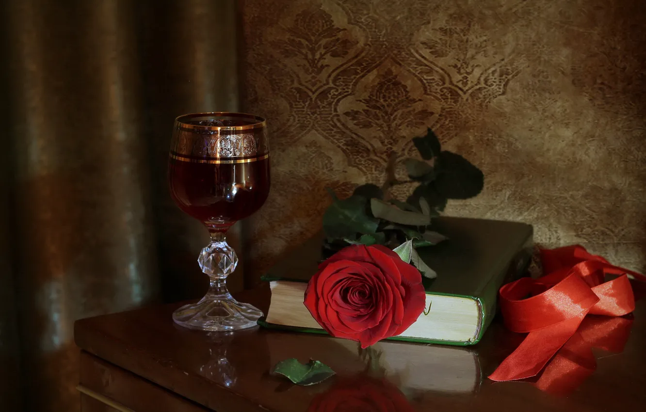 Photo wallpaper wine, glass, rose, tape, book, still life, red