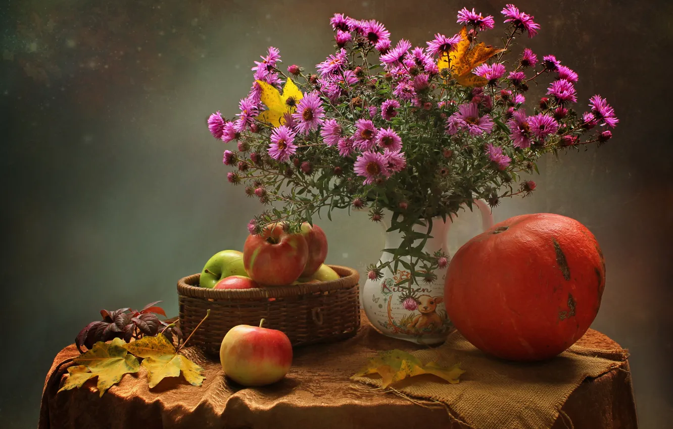 Photo wallpaper autumn, leaves, flowers, table, background, apples, bouquet, pumpkin