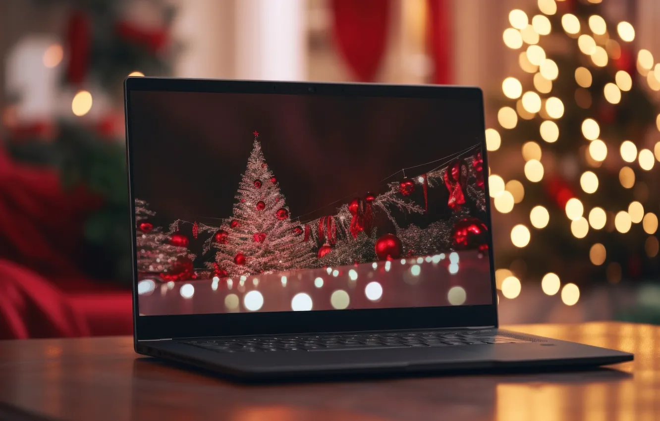 Photo wallpaper night, new year, Christmas, laptop, gadget, bokeh, Christmas tree, AI art