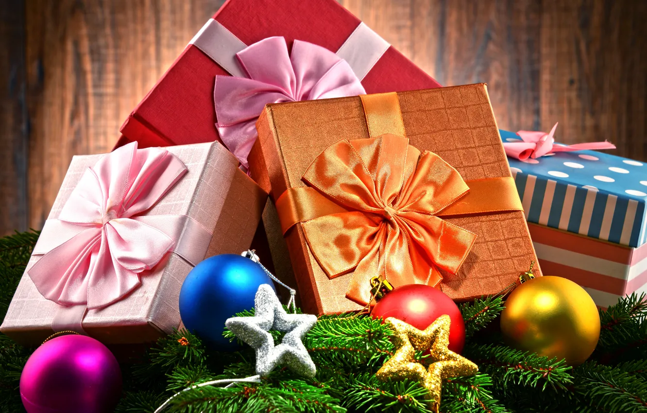 Photo wallpaper branches, box, gift, balls, toy, new year, colorful, stars