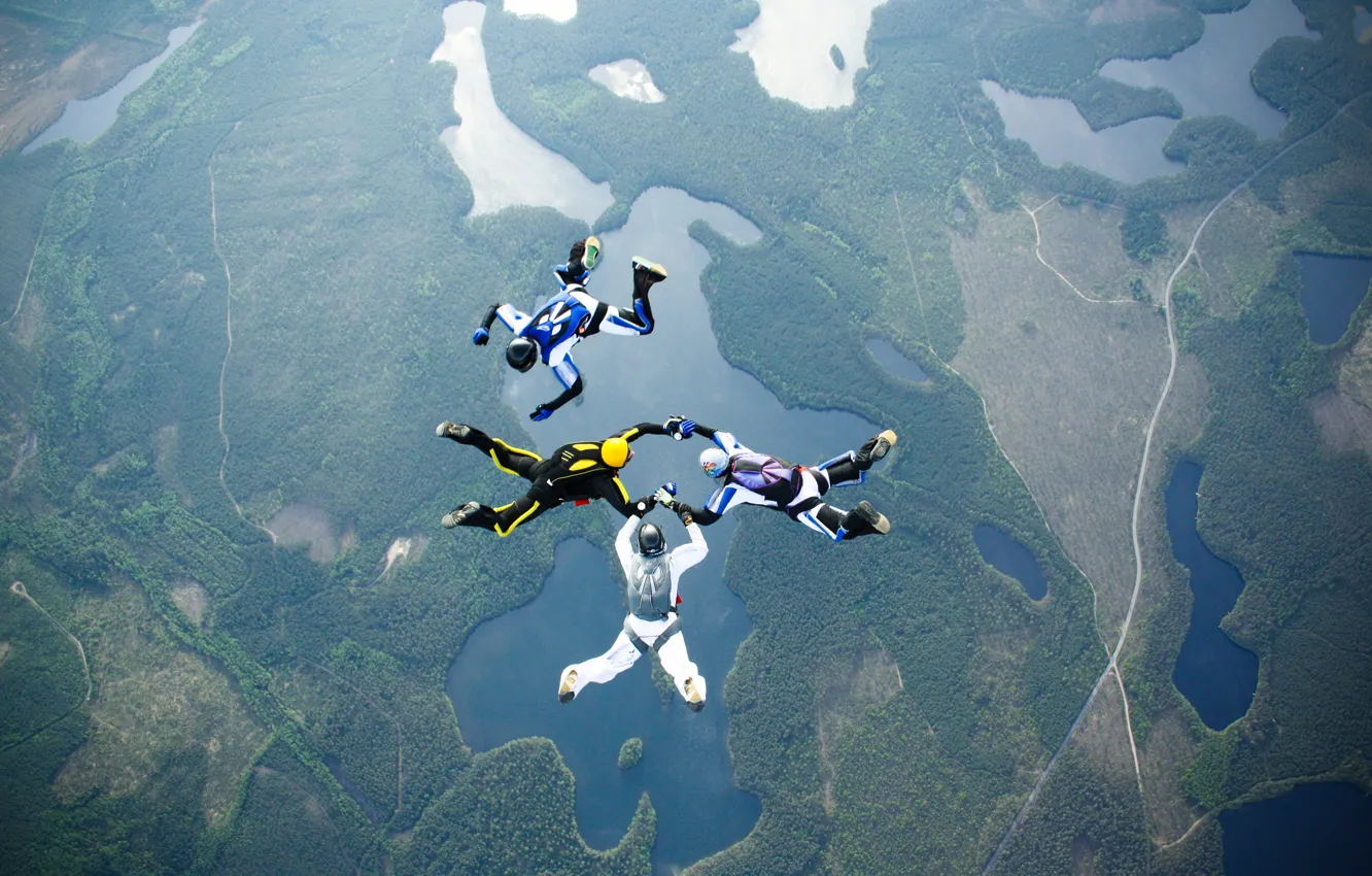 Photo wallpaper road, lake, parachute, container, helmet, skydivers, extreme sports, parachuting