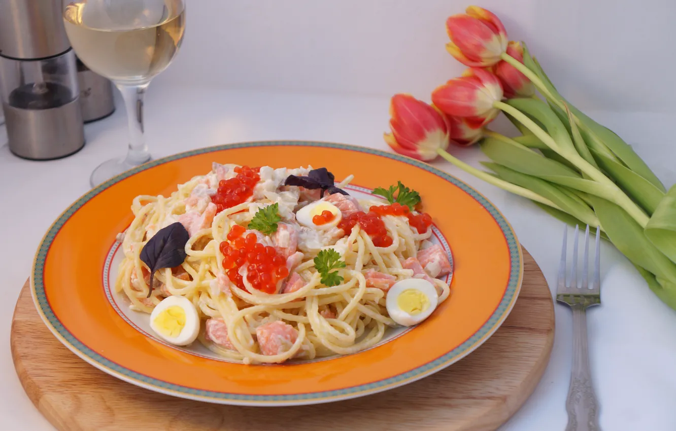 Photo wallpaper eggs, caviar, pasta