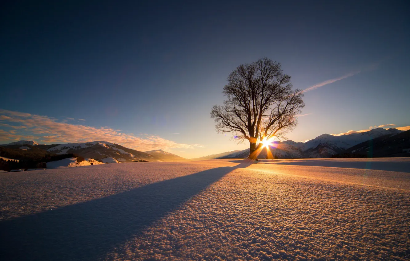 Photo wallpaper The sun, Nature, Clouds, Winter, Mountains, Sunrise, Trees, Snow
