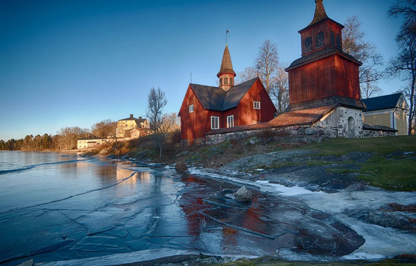 Photo wallpaper ice, winter, landscape, nature, lake, village, Church