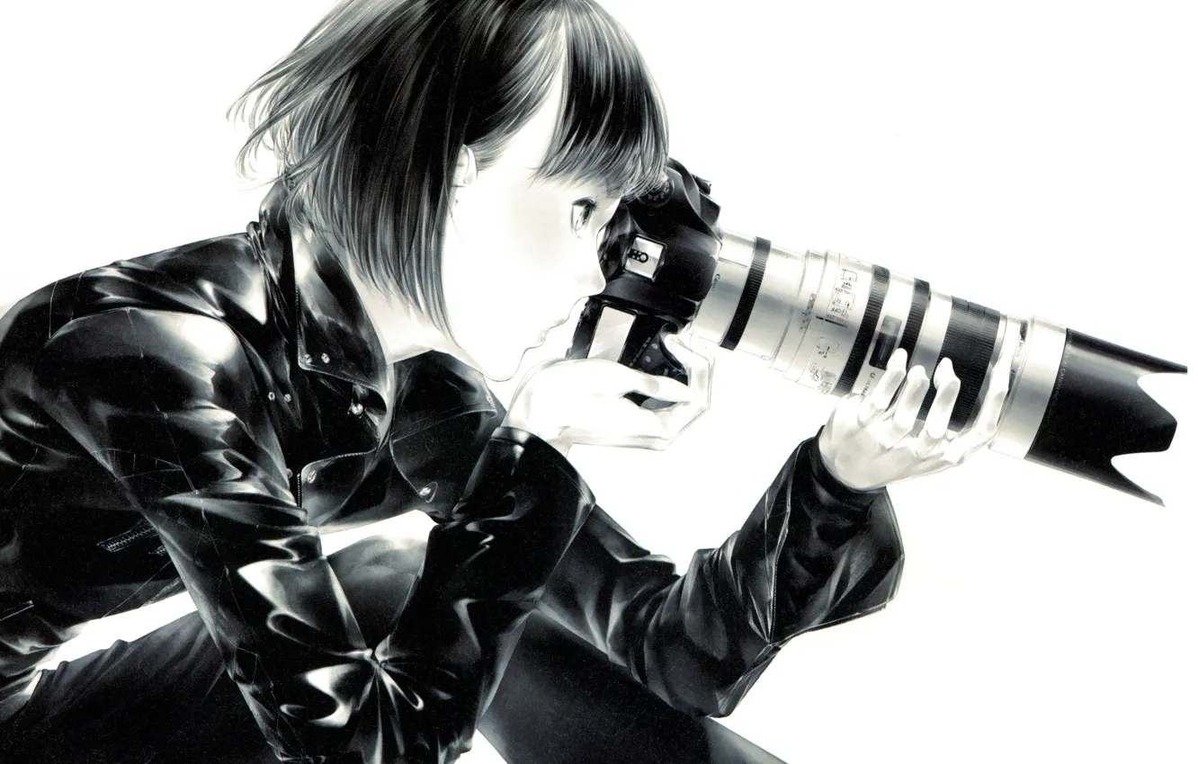 Photo wallpaper haircut, hands, the camera, latex, lens, black and white, bangs, leather jacket