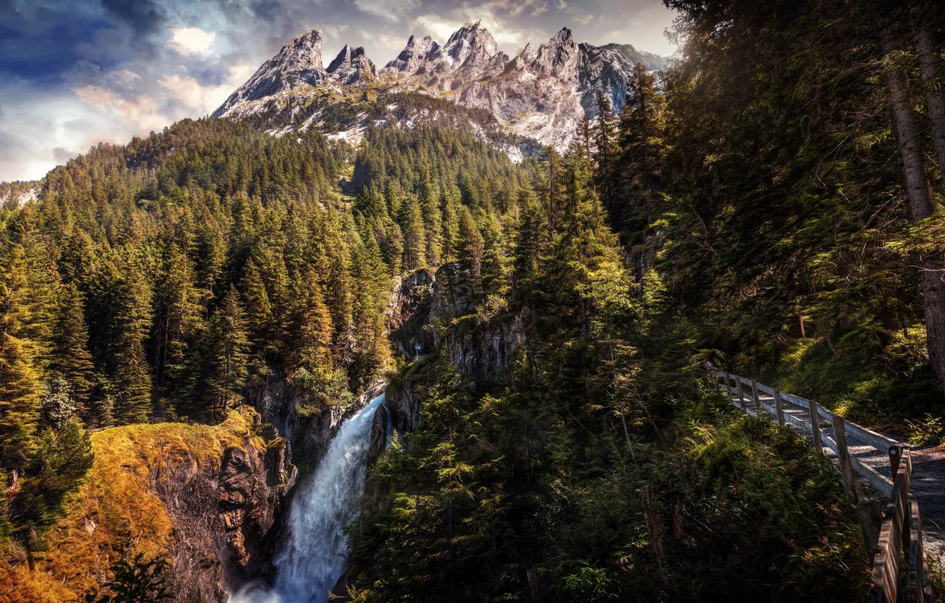 Photo wallpaper forest, mountains, waterfall, trail, Switzerland, Switzerland, Shadow half, Rosenlaui Glacier Canyon