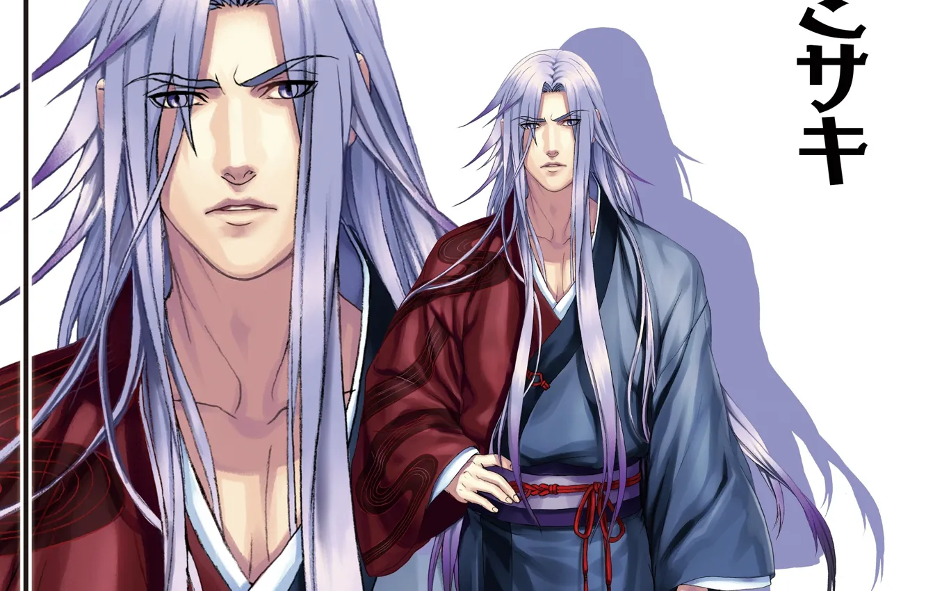 Photo wallpaper face, shadow, characters, white background, guy, kimono, long hair, visual novel