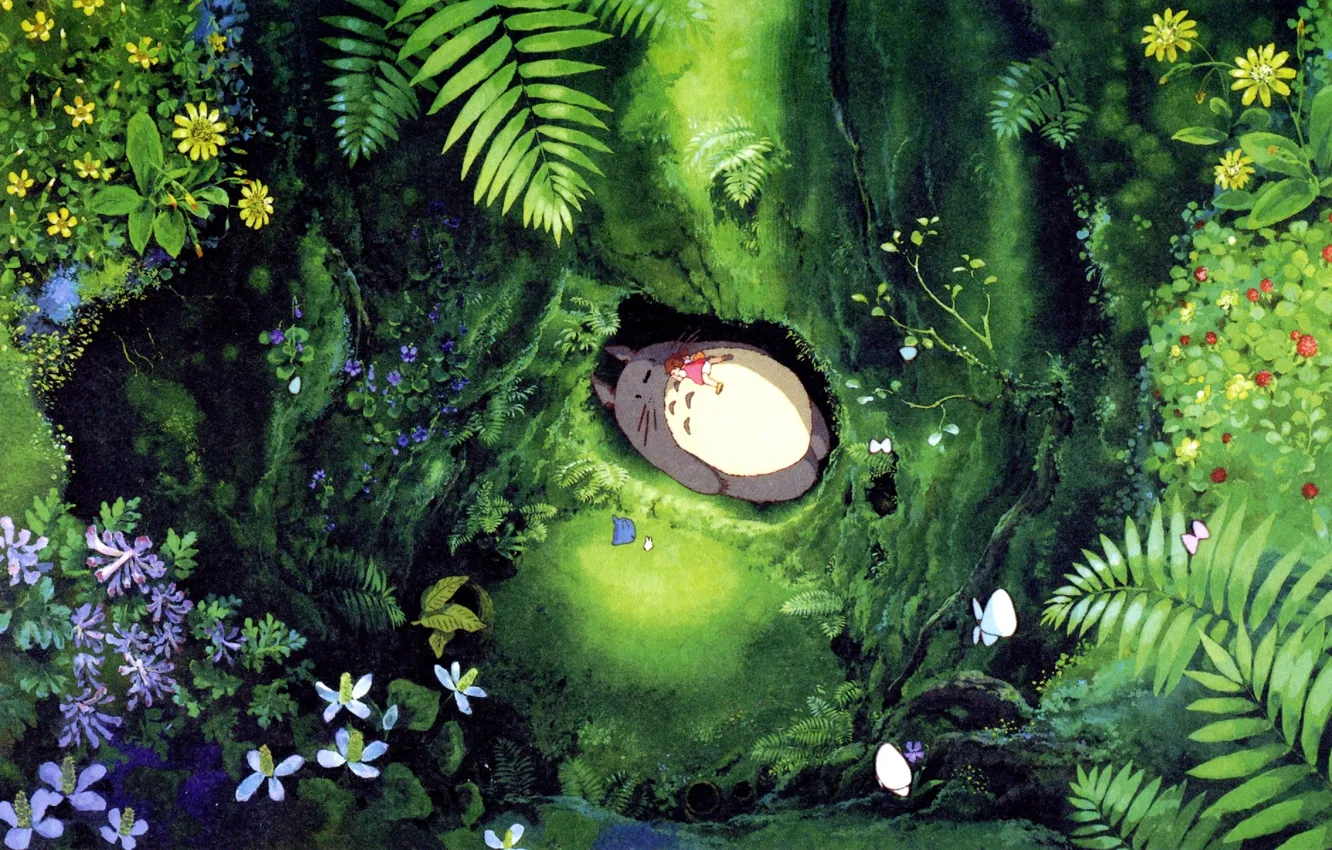 Photo wallpaper forest, leaves, flowers, Nora, girl, lies, Hayao Miyazaki, Hayao Miyazaki