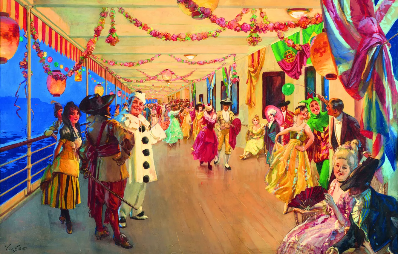 Photo wallpaper ship, picture, masquerade, French painter, Victor Gabriel Gilbert, Victor Gabriel Gilbert, Masquerade ball on the …
