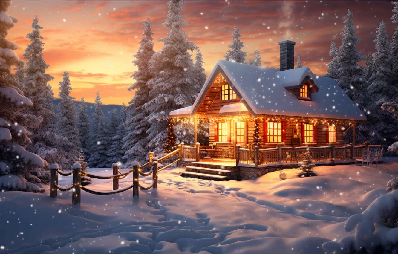 Photo wallpaper winter, forest, snow, mountains, night, nature, house, house