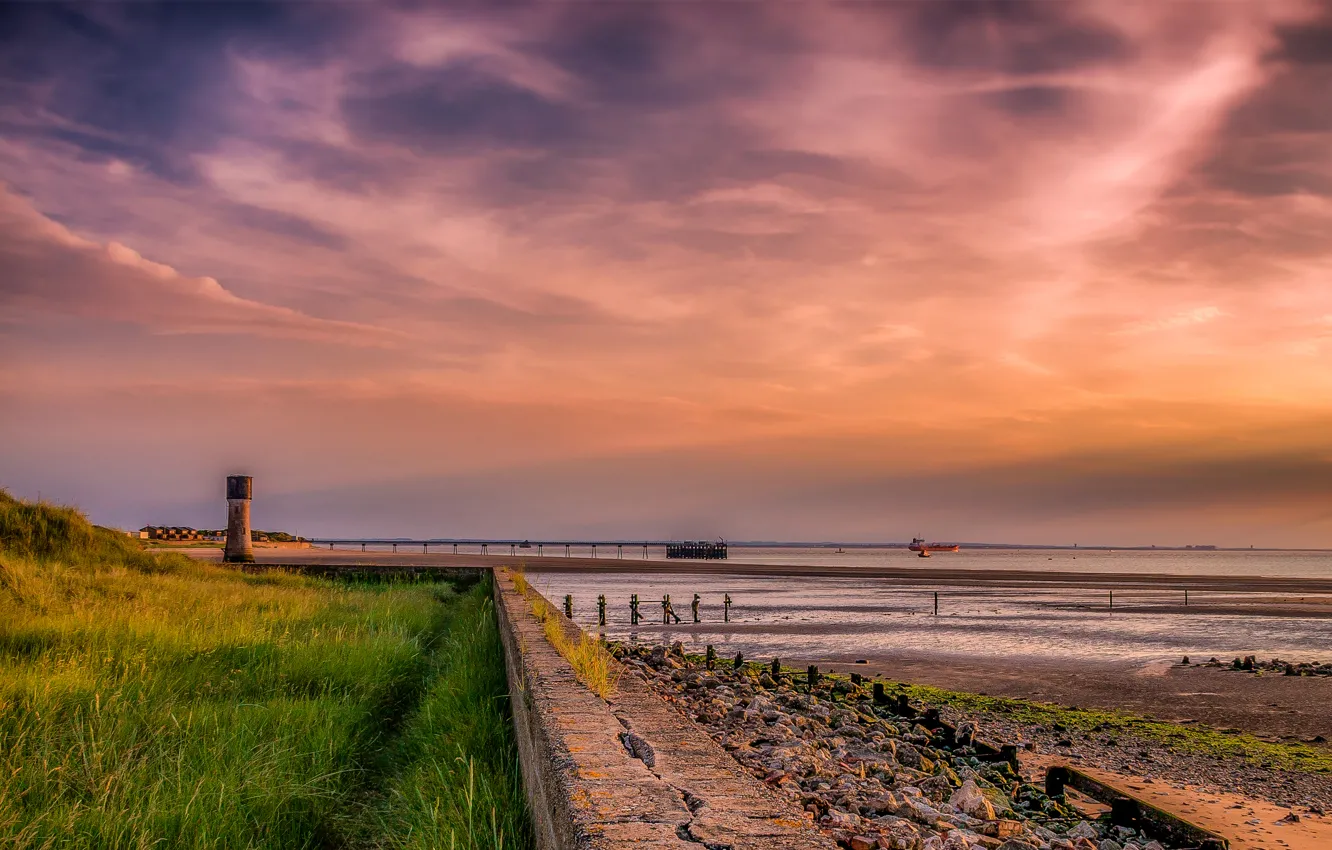 Photo wallpaper sea, sunset, coast, England, ships, horizon, braid, Spurn Head