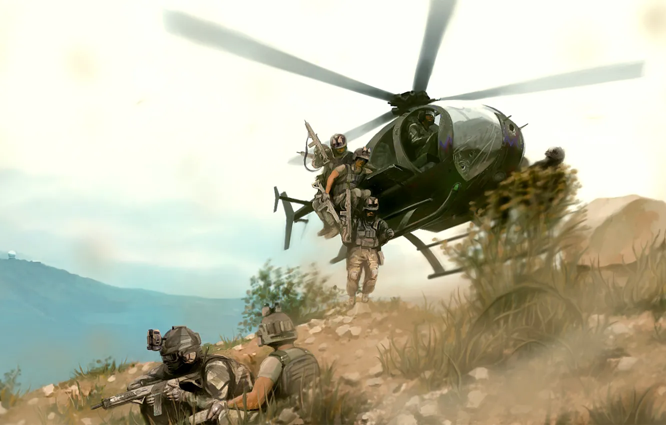 Photo wallpaper war, art, helicopter, storm, operation, fighters, landing, Arma 3