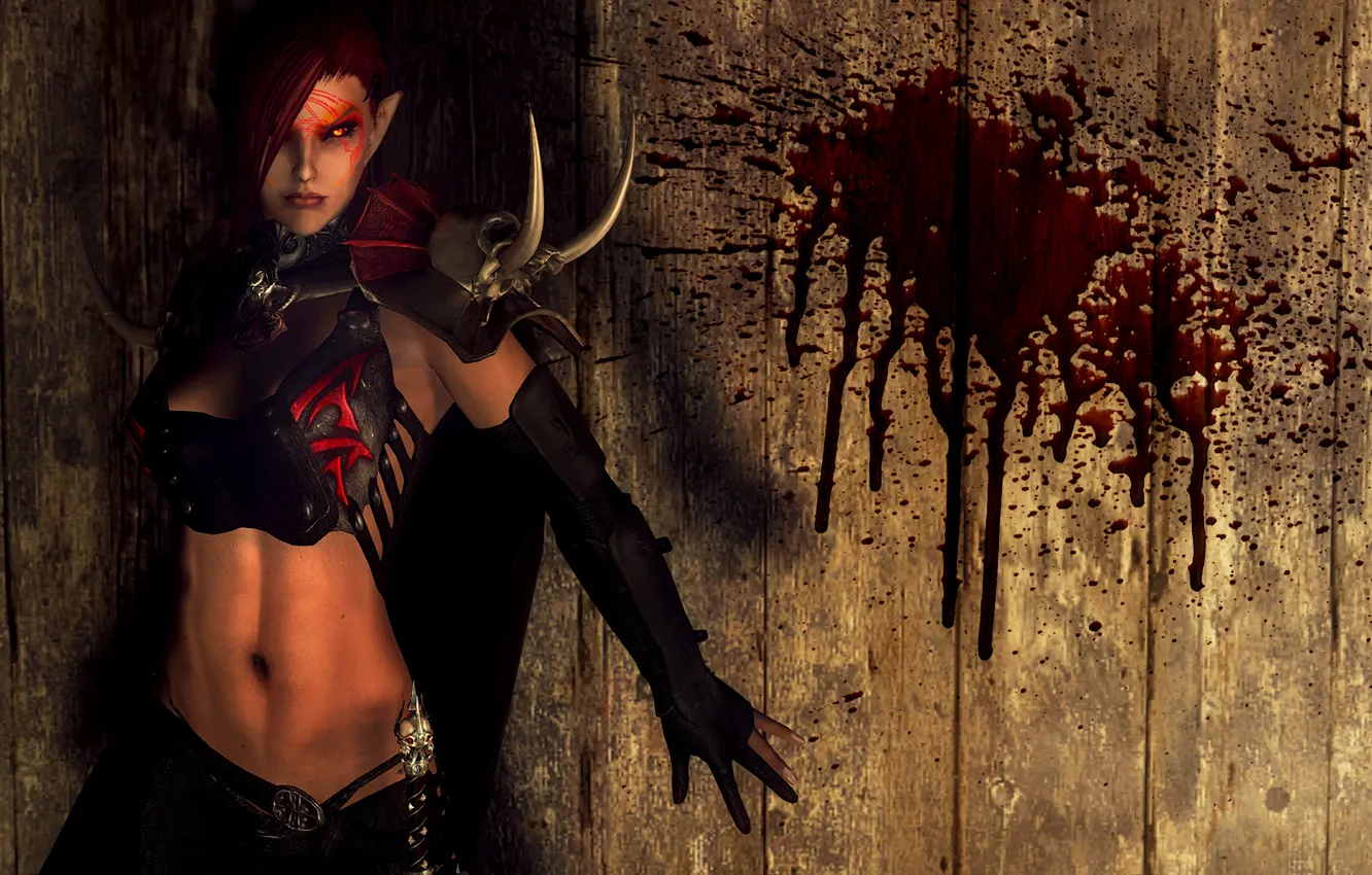 Photo wallpaper girl, wall, blood, vampire, Skyrim