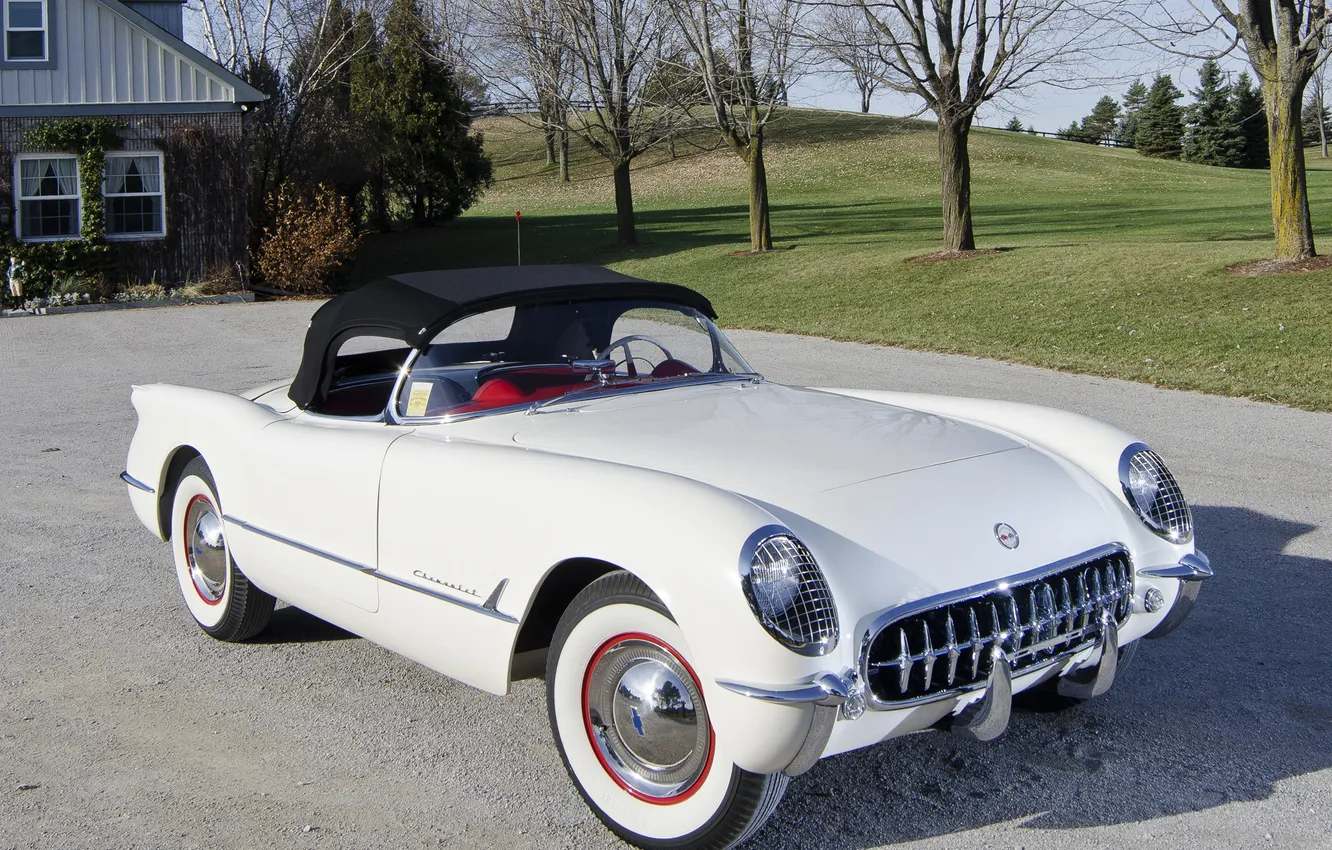 Photo wallpaper white, trees, Corvette, Chevrolet, 1953, sports car, convertible, Chevrolet