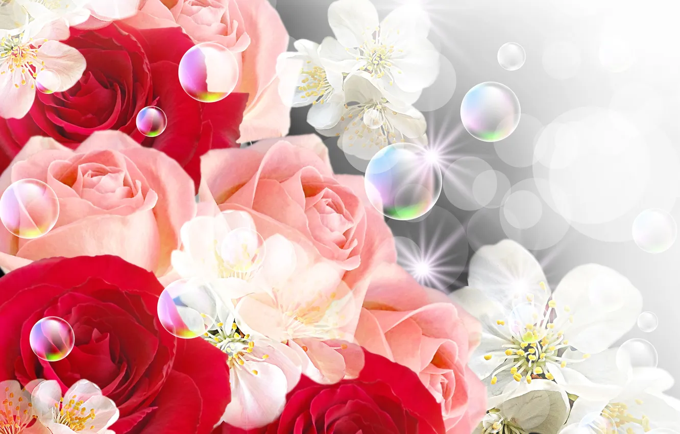 Photo wallpaper flowers, bubbles, roses, bubbles, flowers, flowers, roses
