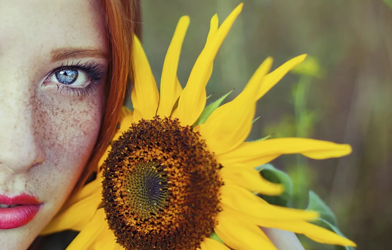Photo wallpaper look, girl, sunflower, freckles, red