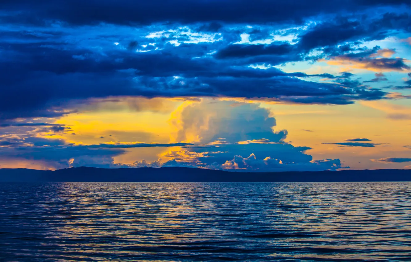Photo wallpaper sea, the sky, clouds, sunset, mountains, glow