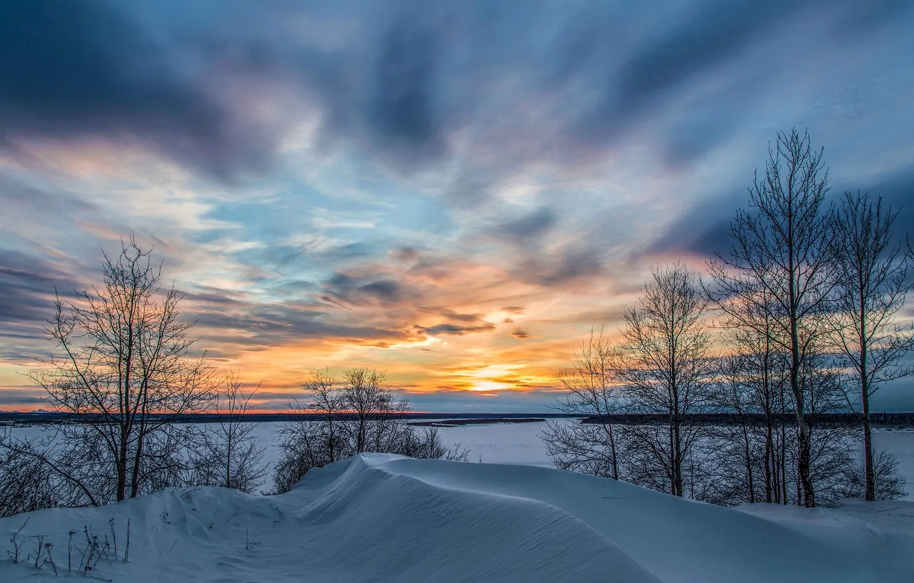 Photo wallpaper winter, the sky, clouds, snow, trees, landscape, sunset, nature