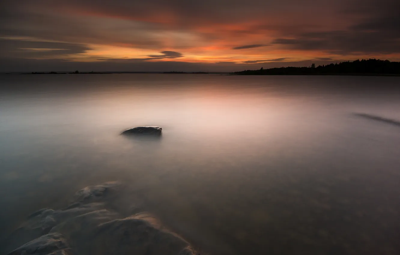 Photo wallpaper lake, stones, dawn, Sweden, Varmland