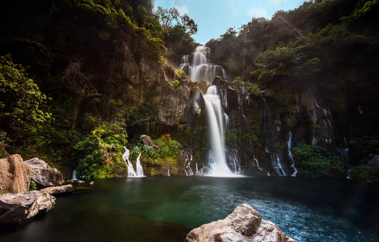 Photo wallpaper summer, the sky, water, trees, nature, stones, France, waterfall