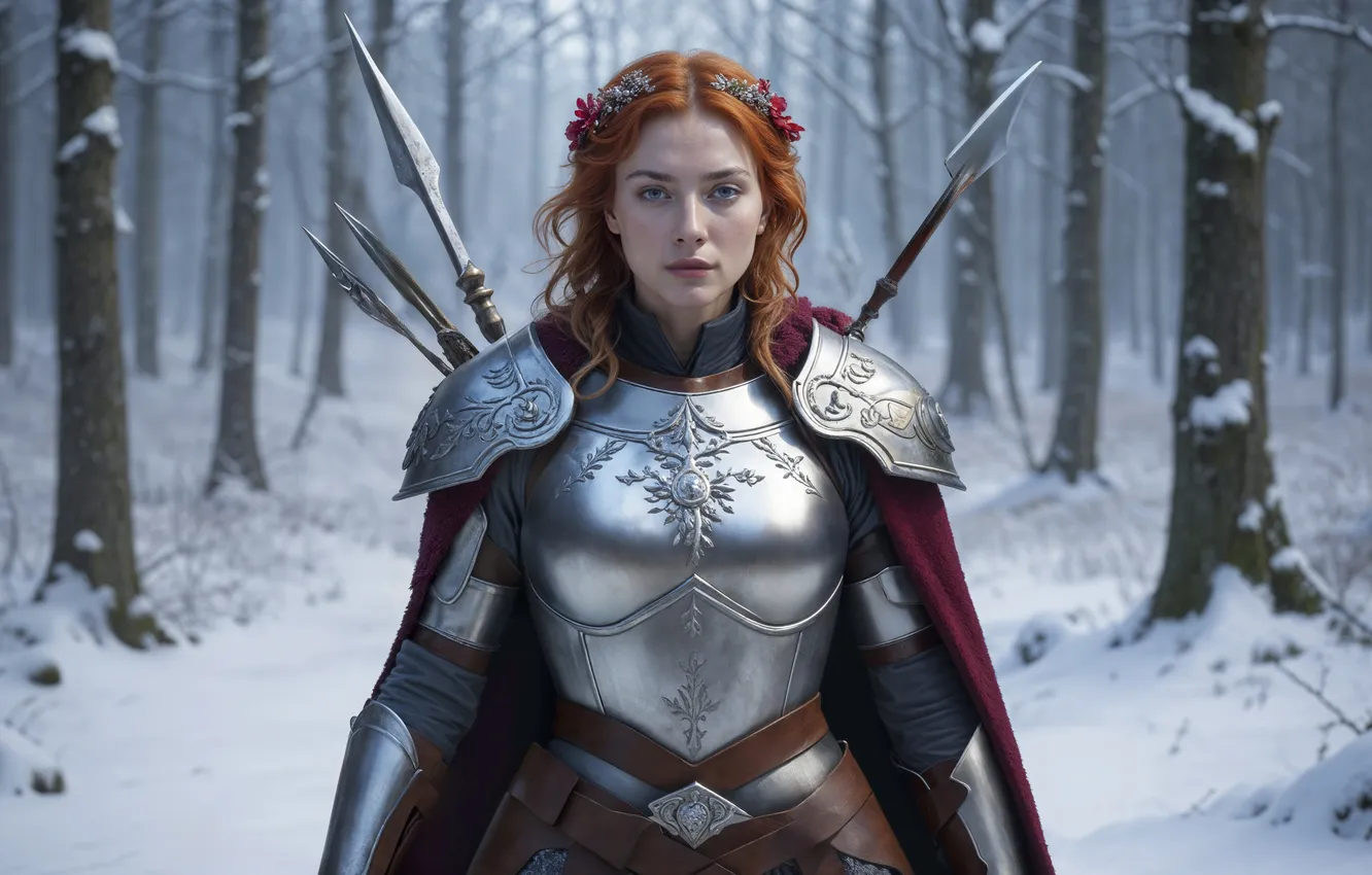 Photo wallpaper winter, girl, snow, trees, armor, spear, red, warrior