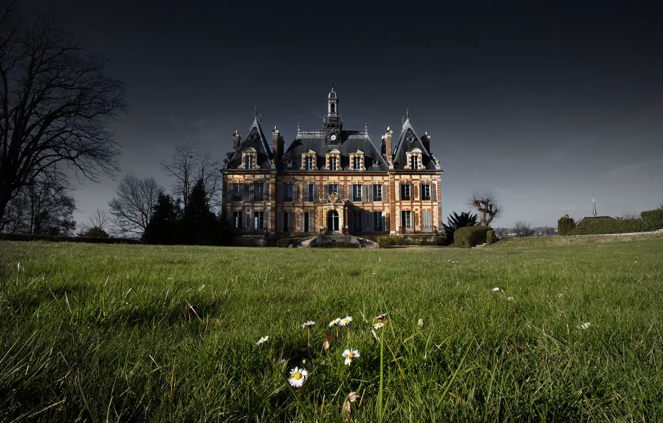 Photo wallpaper grass, flowers, house, France, storm, gray clouds, Nogent Le Roi