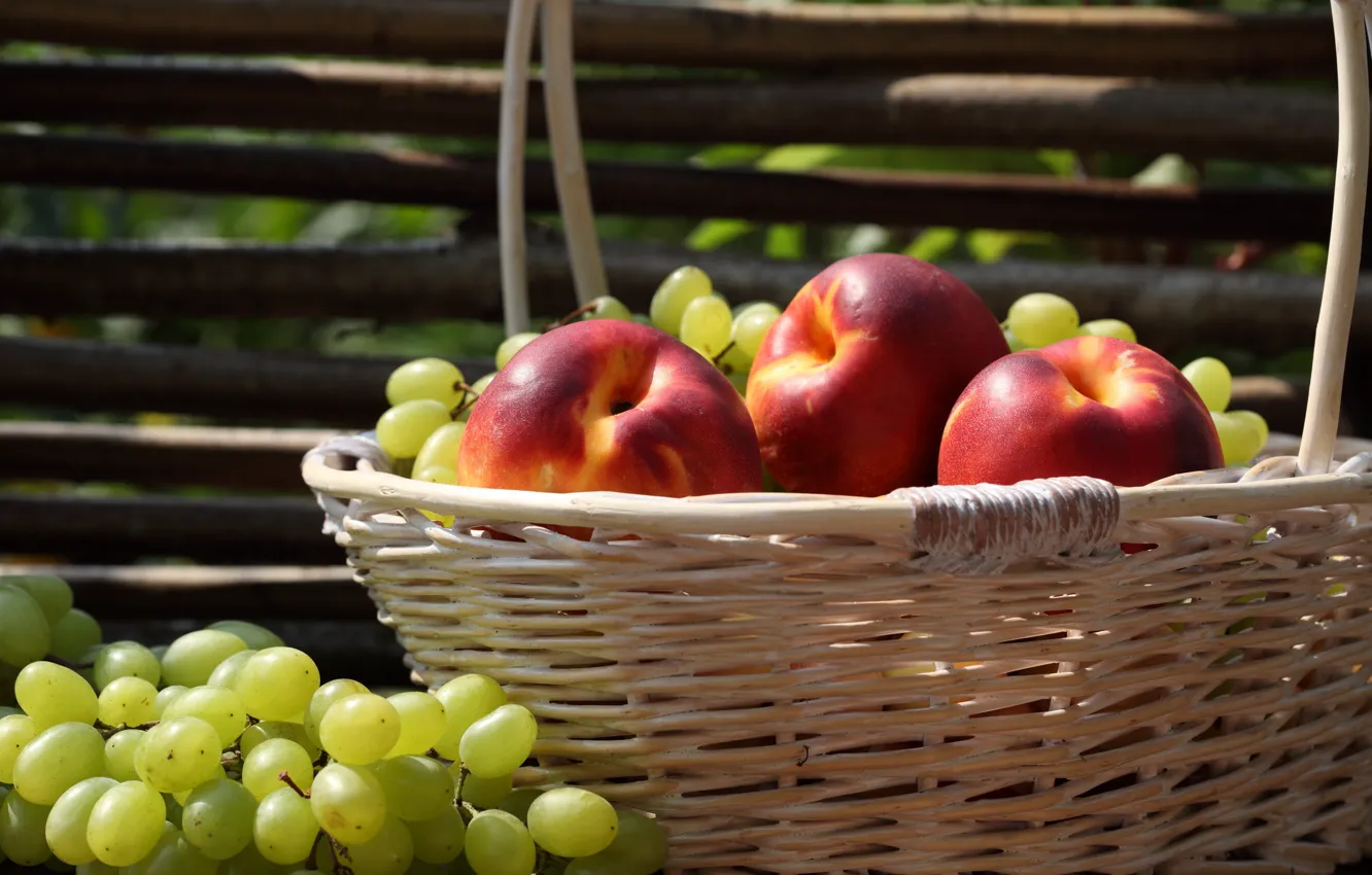 Photo wallpaper basket, the fence, grapes, fruit, nectarine
