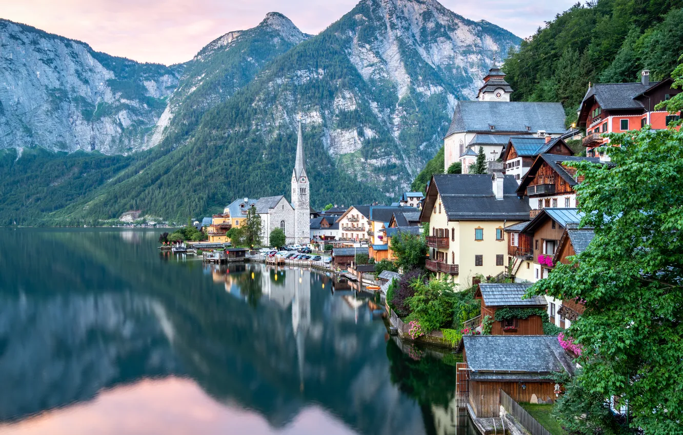 Photo wallpaper mountains, lake, reflection, home, Austria, Hallstatt