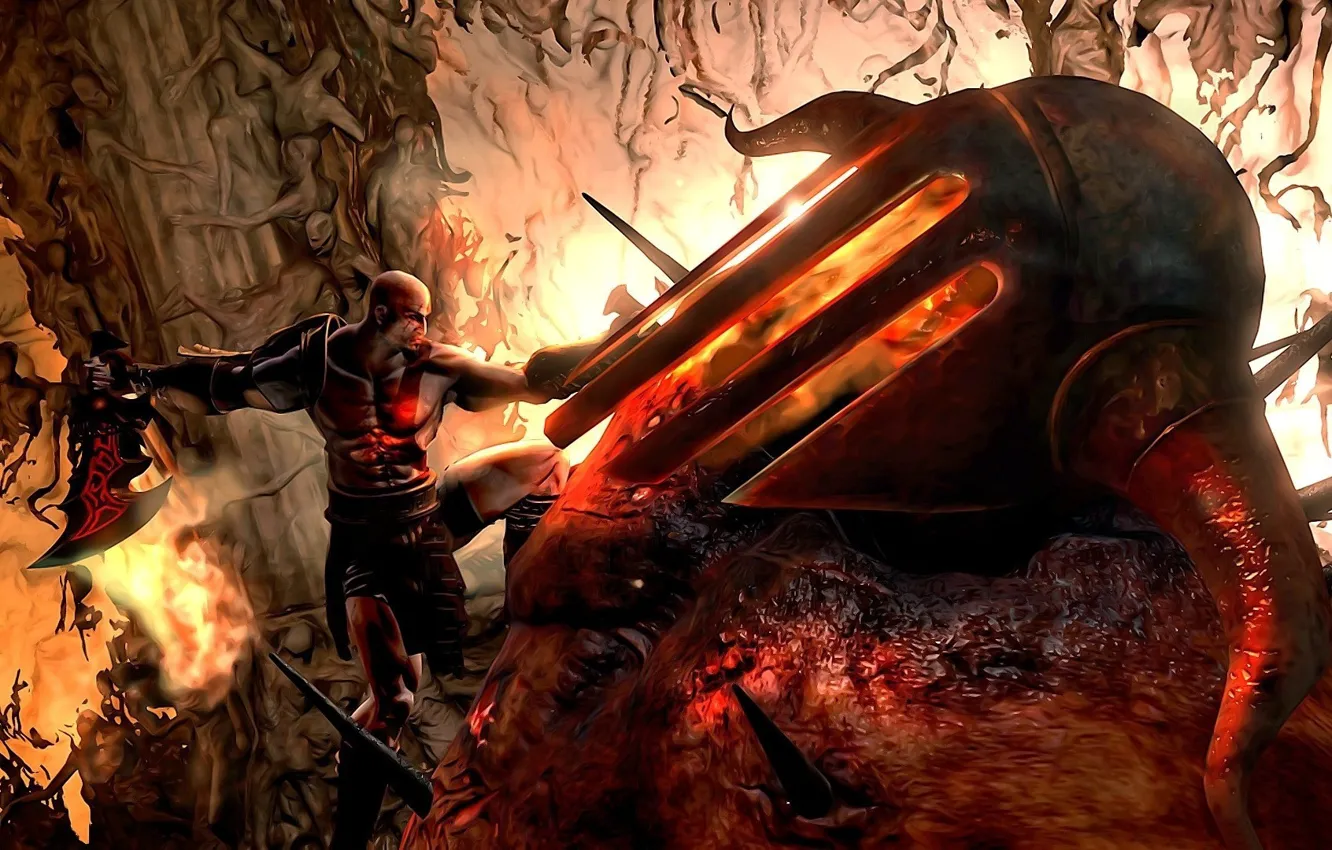 Photo wallpaper hate, fire, flame, sword, armor, Kratos, soul, PS3