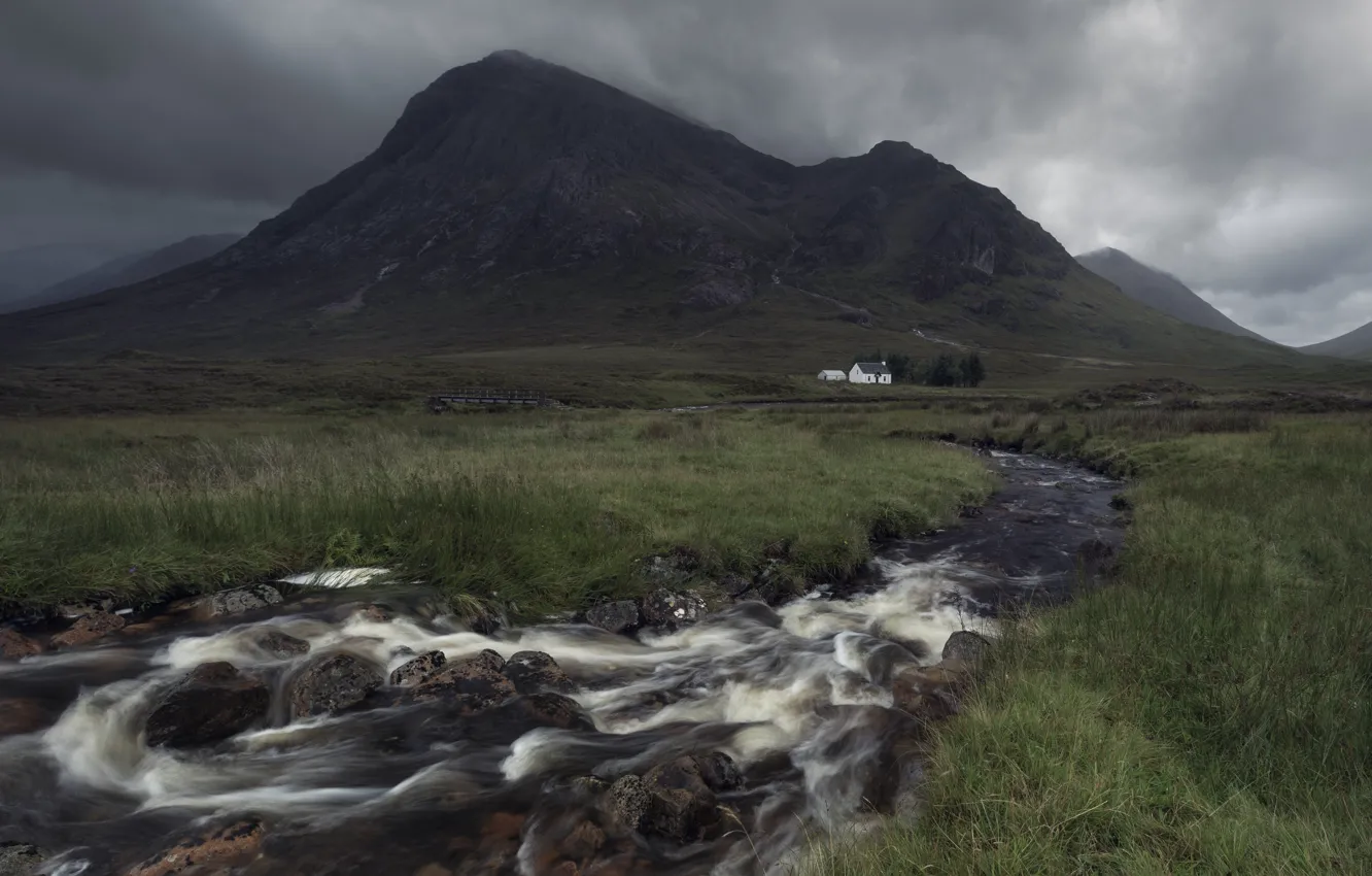 Photo wallpaper the sky, grass, mountains, clouds, fog, stream, stones, overcast