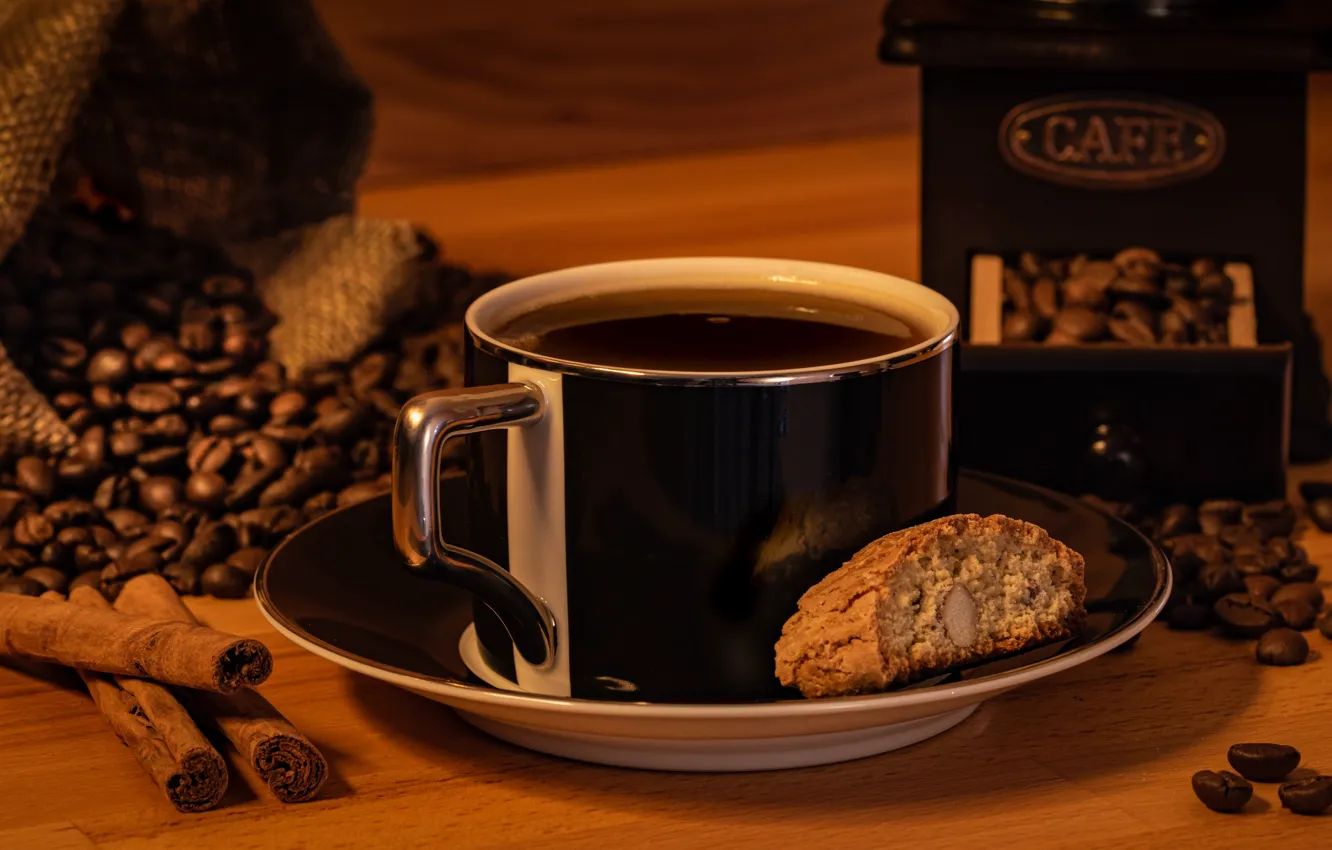 Photo wallpaper coffee, cookies, mug, drink, coffee beans, saucer, coffee grinder