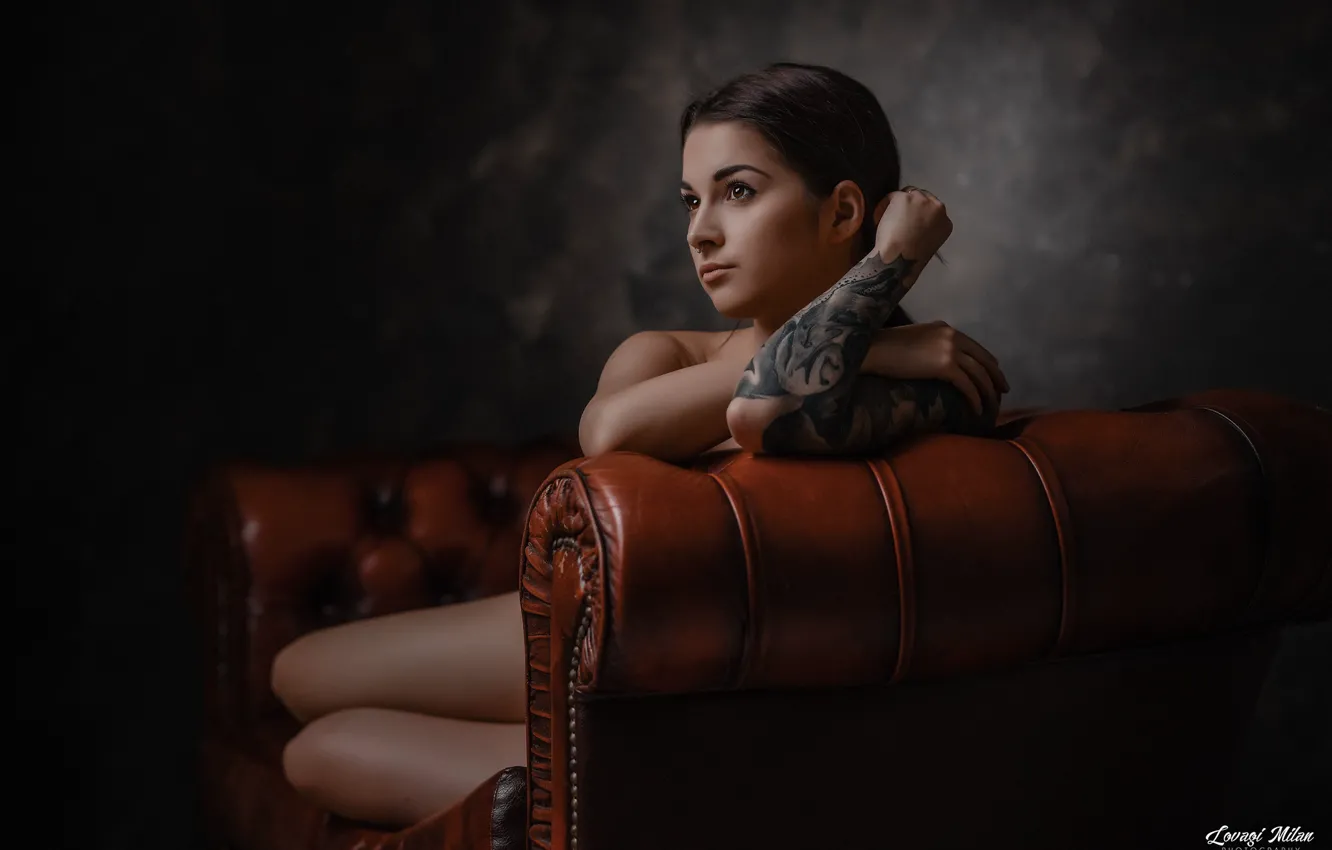 Photo wallpaper girl, pose, background, sofa, mood, hands, tattoo, Knight Of Milan