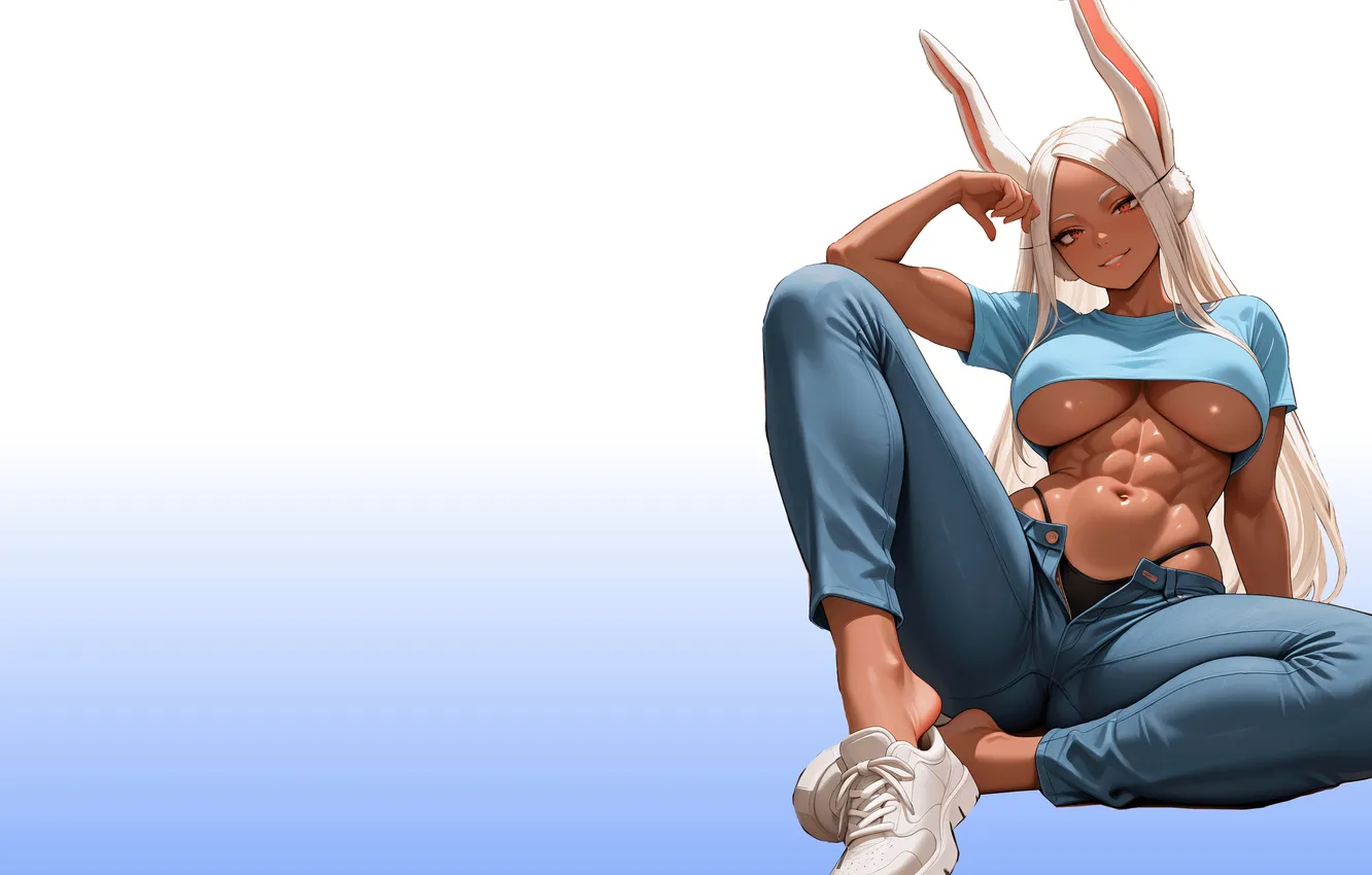 Photo wallpaper girl, hot, sexy, boobs, blue, anime, pretty, jeans