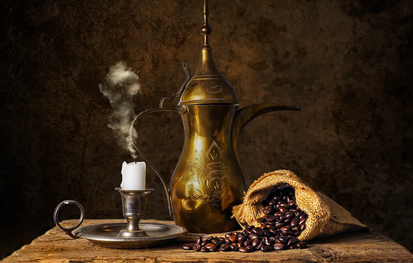 Photo wallpaper coffee, candles, still life, coffee pot