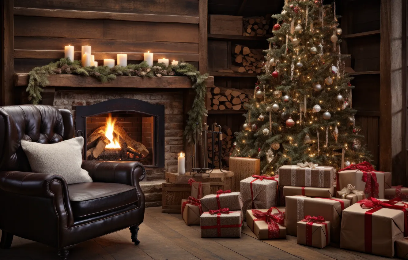 Photo wallpaper lights, comfort, heat, room, flame, furniture, new year, home