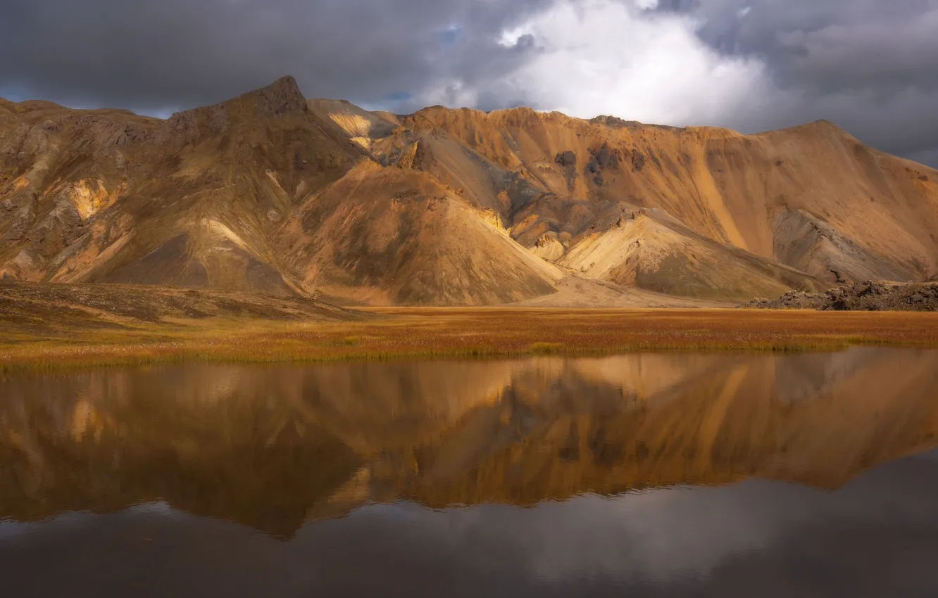 Photo wallpaper clouds, Iceland, pond, the reflection in the water, beautiful landscape, Patrick, Orange mountains, Orange Mountains