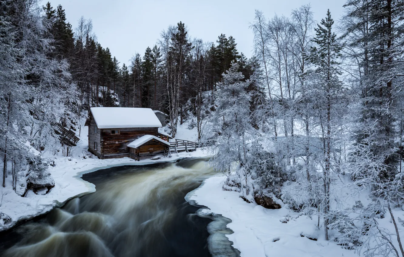 Photo wallpaper winter, river, home
