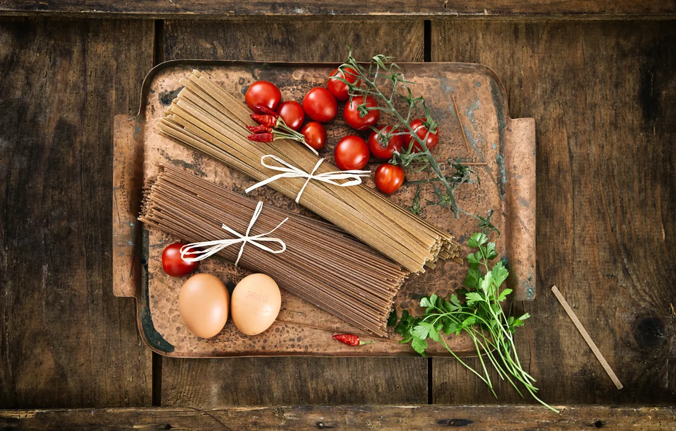 Photo wallpaper greens, table, Board, eggs, pepper, tomatoes, pasta