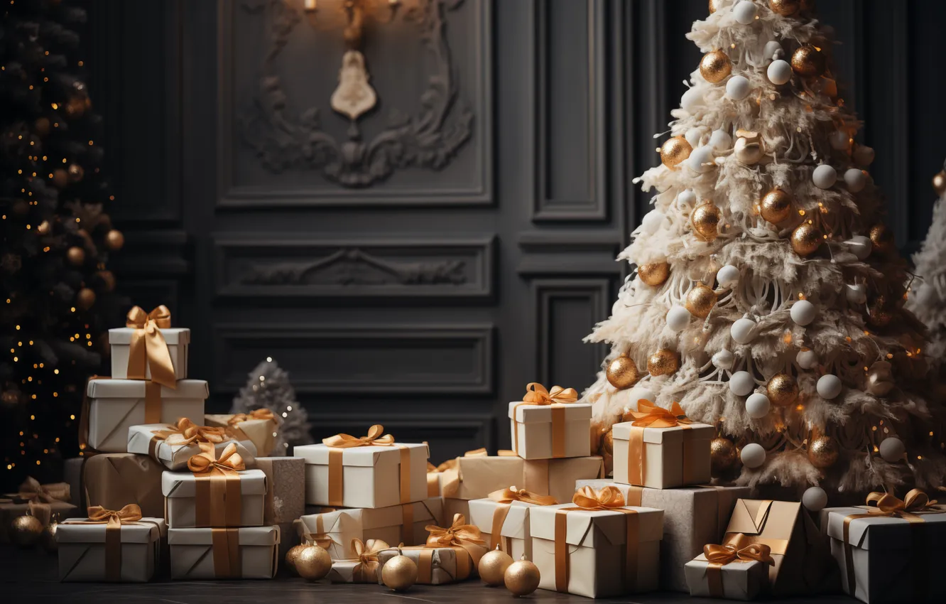 Photo wallpaper decoration, room, gift, tree, new year, interior, Christmas, Christmas