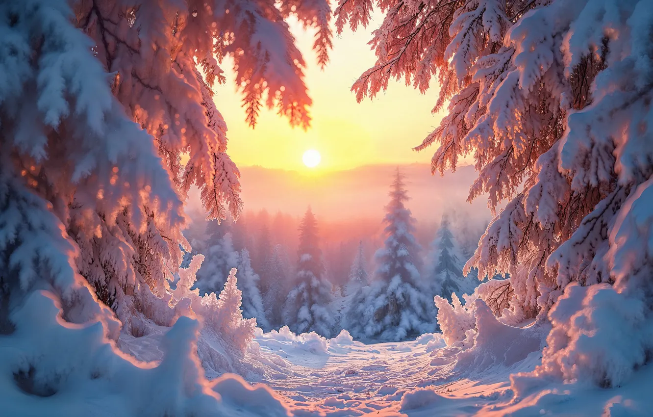 Photo wallpaper winter, forest, snow, tree, forest, nature, winter, snow