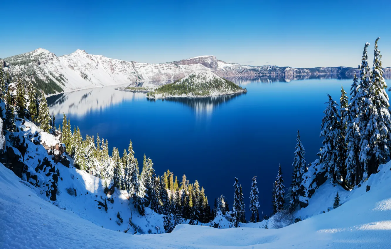Photo wallpaper winter, forest, snow, lake, Sunny day